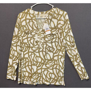 Michael Kors Shirt Womens Small Gold Chain Print Zip Front Long Sleeve Top S